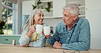 Cheers, coffee and senior couple in kitchen on weekend for relaxing, bonding and time together. Happy, love and mature man and woman with cappuccino for toasting to marriage in morning at home.