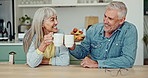 Cheers, coffee and mature couple in kitchen on weekend for relaxing, bonding and time together. Happy, love and senior man and woman with cappuccino for toasting to marriage in morning at home.