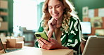 Box, woman and happy with phone in office for digital communication, networking or planning. Dropshipping, creative logistics and person with technology at agency for online sale, ecommerce or update