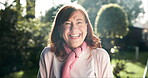 Portrait, senior woman and retirement in garden for wellness, good health or successful admission to nursing home. Elderly female person, smile or gratitude in nature for peace, happy memory or care