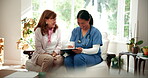 Women, doctor and clipboard with senior patient in sofa for medication or treatment checklist. Happy, people and pensioner with caregiver in healthcare, retirement and nursing home with consultation