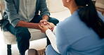 Nurse, senior person and holding hands with comfort, empathy and healthcare for retirement. Patient, caregiver and pensioner in nursing home, rehabilitation or elderly care for medical consultation