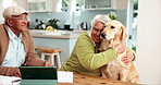 Happy elderly couple, financial or budget paperwork with banking checklist, dog or bills. Retirement fund, hug or senior people planning in home with will documents, pet or love for golden retriever