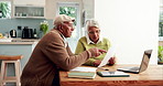 Elderly couple, financial or reading banking documents, mortgage balance or household bills. Retirement fund, planning or senior people speaking of paperwork report, pension policy or finance summary