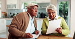 Elderly couple, finance or reading banking documents, mortgage balance or household bills. Retirement fund, planning or senior people speaking of paperwork report, pension policy or financial summary