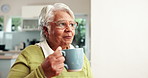 Senior woman, coffee and relax in home with enjoyment or peace, retirement break or thinking with latte. Female person, pensioner or espresso in living room for wellness plan, calm or morning routine