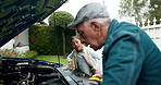 Senior man, teaching and girl with car maintenance for mechanical service or cleaning at home. Mature male person talking with grandchild for vehicle safety, repair or exterior inspection at house