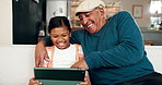 Grandfather, girl and happy in home with tablet on sofa for streaming cartoons and entertainment. People, family and smile with subscription for educational games, bonding and child development