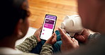 Grandparent, girl and piggy bank with smartphone in home on internet for saving tips and knowledge. People, family and discussion or teaching on sofa for budgeting or finance for child development
