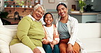 Face, family and child on sofa at house with happiness for bonding, care and mothers day together of childhood. Smile, women and girl laugh for funny joke with love, trust and generations in lounge