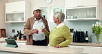 Happy, senior couple and wine with toast in house for connection, celebration or memory as partner. Elderly people, chat and kitchen for bonding, relationship and together in home for health or love