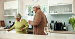 Happy, senior couple and dancing with joy in house for connection, celebration or memory as partner. Elderly people, fun and kitchen for bonding, relationship and together in home for support or love