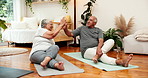 High five, yoga mat and senior couple in home for fitness, balance and wellness exercise together. Celebration, happy and mature man and woman with pilates workout in living room at house for health.