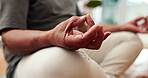 Elderly man, hands and lotus for yoga, fitness and retirement with meditation, zen and mind in morning. Senior person, chakra and peace in studio for mental health, mindfulness and breathing closeup