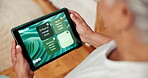 Senior person, tablet screen and mental health technique for stress management, calm and relax in home. Elderly woman, tech and mobile application for retirement, wellness and reminder for Dementia