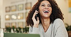 Woman, happy and laptop with phone call in cafe for remote work, communication and update. Freelancer, laugh and funny discussion with tech for social media marketing, good news or feedback to client