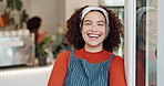 Arms crossed, funny and smile with coffee shop waitress in doorway for hospitality or welcome. Cafe, laugh and portrait of confident or happy barista woman in restaurant for small business or startup