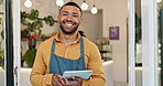 Man, face and tablet with cafe owner, startup and digital communication for online orders with happy entrepreneur. Smile, portrait and customer service and restaurant app, confident and business