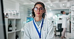 Woman, portrait and scientist on computer in lab for medical research, assessment report and results information. Researcher, pc and test feedback, medical vaccine and pharmaceutical innovation
