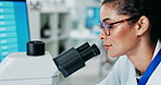 Woman, science and microscope in laboratory, medical and medicine for healthcare study or experiment. Equipment, scientist person and research in gene therapy, repair and breakthrough in testing