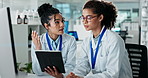 Woman, scientist and tablet for discussion, analysis and healthcare research with dna in laboratory. Computer, specialist people and genome editing for Alzheimer, clinic trail or teamwork innovation