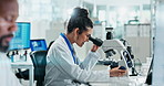 Woman, research and microscope in laboratory, notes and medicine for healthcare study or biotechnology. Equipment, female scientist person and clinic for Alzheimer cure, breakthrough and dna testing