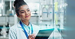 Woman, scientist and tablet in lab for research or pharmaceutical review, working with biotech results. Female person, ebook and innovation for lecanemab in healthcare, check on medicine storage