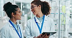 Science, woman and glass with tablet or sticky note, problem solving and teamwork in lab with online research. Pharmaceutical, development and brainstorming or tasks, ideas and healthcare discussion
