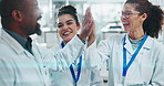 People, scientist and happy with high five at lab on tablet for medical research with teamwork and collaboration. Diversity, employee and excited or smile for science, medicine and drug trial success