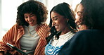 Social media, smile and tablet with friends in student accommodation to search property website together. Education, internet and relax with women browsing real estate in living room of apartment