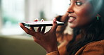 Woman, communication and phone with speaker for conversation, voice note or audio message on sofa at home. Closeup of female person talking on mobile smartphone for vocal or sound recording at house