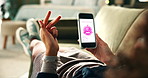 Woman, hands and counting with phone screen for menstrual cycle, update or hormonal phase on sofa at home. Closeup of young female person checking days on mobile smartphone display, app or ovulation