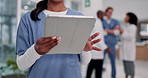 Woman, hands and nurse on tablet for medicine research in clinic, app and planning for treatment. Female person, online consulting and networking contact for hospital, healthcare and medical support