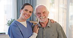 Smile, caregiver and hug elderly man at retirement home for support, healthcare and wellness of medical help. Happy, nurse and patient for portrait or trust, embrace and care for recovery service