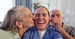 Face, elderly couple and happy nurse in home for community care or medical support. Portrait, man and funny woman with caregiver in house for geriatric health, kiss and pinch ear for playing together