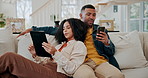 Relax, tablet and mobile with couple on sofa for social media, scroll internet or entertainment in living room. Online, technology and people on couch for communication, texting or networking in home