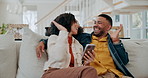 Celebration, mobile and couple with high five on sofa for winning, online gambling or lotto success in living room. Home, smartphone and excited woman with man for achievement, app or notification