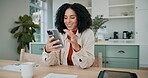 Woman, texting and laugh in home with cellphone, online and table in kitchen for communication. Technology, connection or dating app for female person, social media or website for love in living room