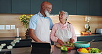 Mature, couple and cooking in house with tablet for online recipe, instruction and guidance for learning or inspiration. Man, woman and tech in kitchen with internet for meal prep and ingredients.