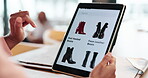 Ecommerce, tablet and hands of woman for shoes, decision and choice or shopping for event. Female person, technology or browsing on fashion website for product, apparel or customer experience at home