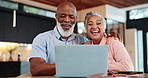 Senior couple, video call and laugh on laptop for talking, conversation or communication. Interracial, happy man and woman on computer for virtual chat, comedy or funny joke online in retirement home