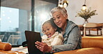 Grandma, girl and happy with tablet in home on streaming platform for cartoons and comedy. People, kid and women laughing for funny videos, movies and entertainment for child development and support