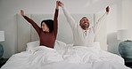 Happy couple, bedroom and stretching with wake up, morning and smile as married people in home. Woman, man and positive for rest, together and excited for weekend, partner and relationship with care