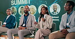 Stage, discussion and speaker of science, woman and explaining of research of climate change in world. Summit, eco friendly and public speaking of scientist, mic and speech for sustainability