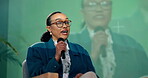 Black woman, mic and speaker at convention for speech, discussion and networking opportunity in industry. Presenter,   talking and public speaking for conference, audience and international guests