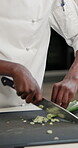 Hands, chef and cutting green onion fast in kitchen for food, dinner or healthy lunch. Knife, cooking or professional person with scallions on chopping board or vegetables for meal prep in restaurant