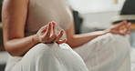 Woman, lotus and hands for spiritual wellness in home, meditation and healing for mental health. Female person, zen and yoga on floor to relax chakra energy, tranquility and mindfulness for harmony