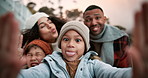 Funny face, family and selfie of kids with parents outdoor for care, love and bonding. Portrait, mother and father with happy children for peace sign, kiss or tongue out together on photo for memory