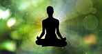 Silhouette, person and calm meditation with magic, spiritual wellness and mindfulness for peace. Green bokeh, lotus pose and mantra with release of energy for balance, reiki and holistic health.