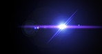 Lens flare, star and dark background in galaxy for flash, shine and purple or neon light spectrum for wallpaper. Graphic of creative, bright or color glow in science, astronomy or technology of space
